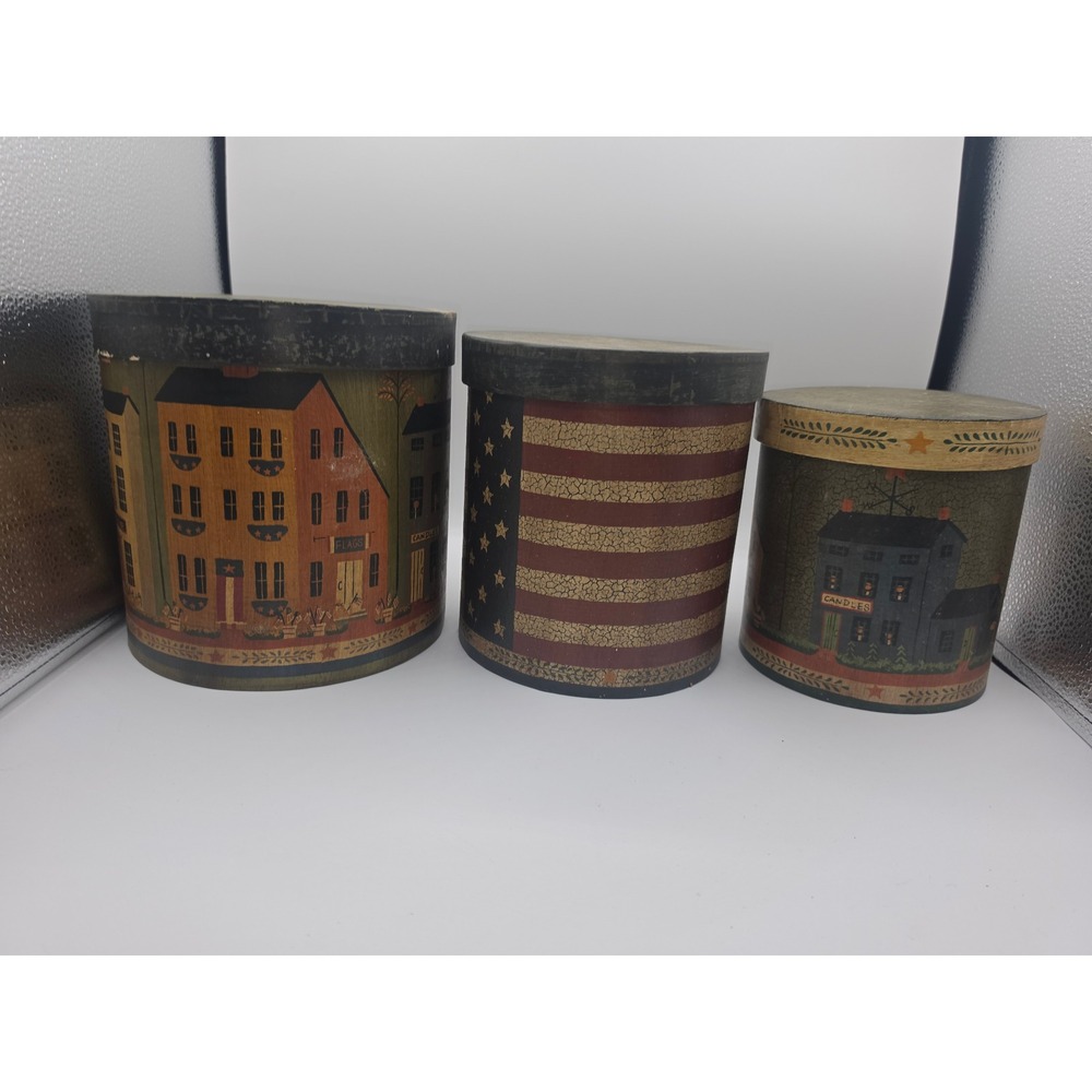 Primitive Americana Nesting Pantry Boxes Set of 3 Folk Art Colonial Village Wood
